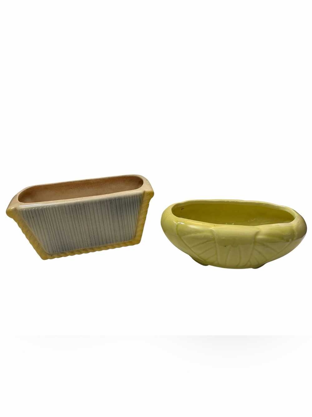 Pair of Vintage Mid-Century Planters 7” & 8” Yellow & Green